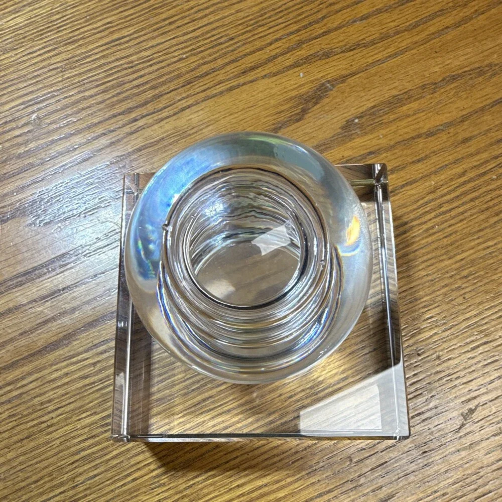 Sweden Clear Glass Orb Paperweight Spiral Design Square Base